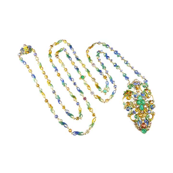 Antique gold, enamel, coloured diamond and vari-coloured gem pendant necklace by Louis Comfort Tiffany